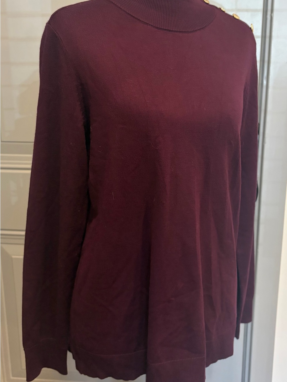 Calvin Klein Plum Mock Neck Sweater with Gold Shoulder Buttons